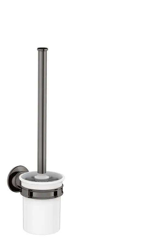 Wandmontierter Toilettenbürstenhalter in Schwarzchrom von AXOR, mit einem weißen Behälter und einem langen Bürstengriff.